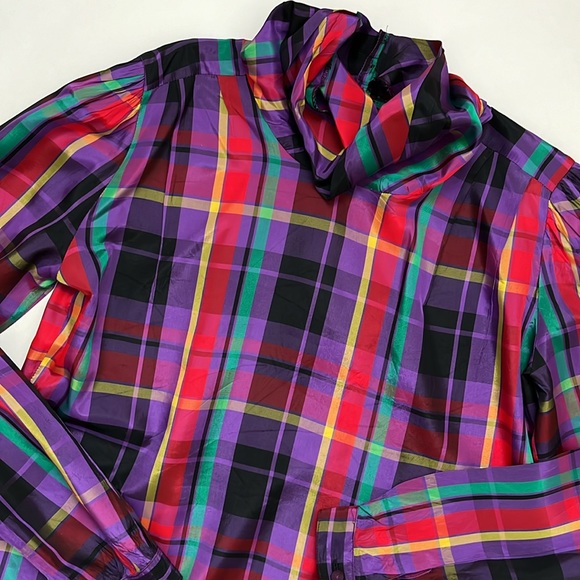 Vintage Colorful Taffeta Plaid Funnel Neck Holiday Winter Blouse Size Small - Picture 6 of 15